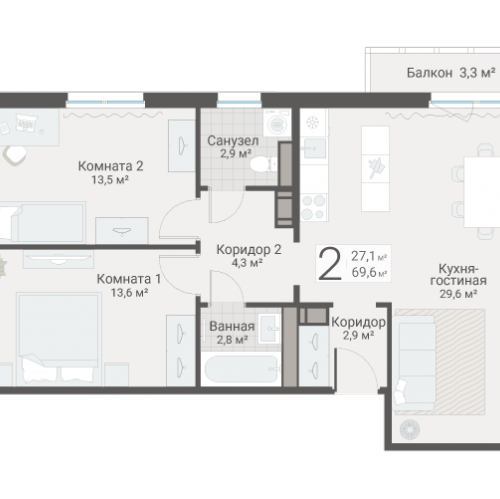 2-комн квартира Санкт-Петербург г., Руднева ул.,  к. 3