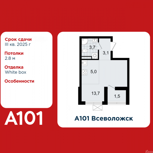 Студия Всеволожск, микрорайон Южный, 1.3