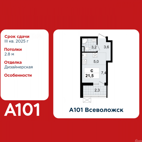 Студия Всеволожск, микрорайон Южный, 3.3